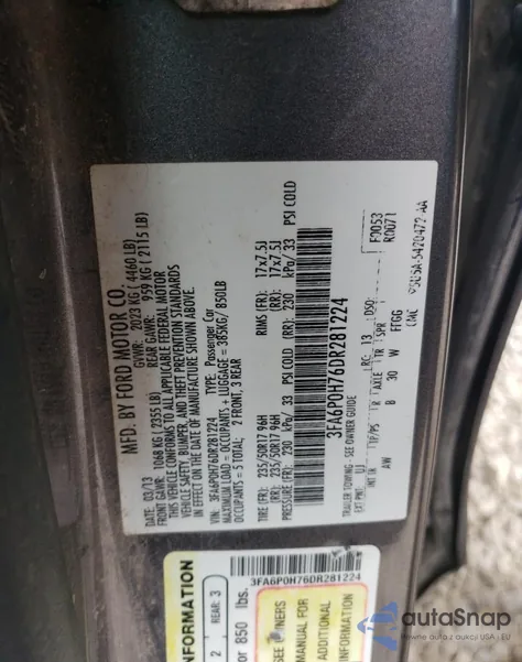 2013 Ford Fusion Se from USA, damaged, VIN 3FA6P0H76DR281224